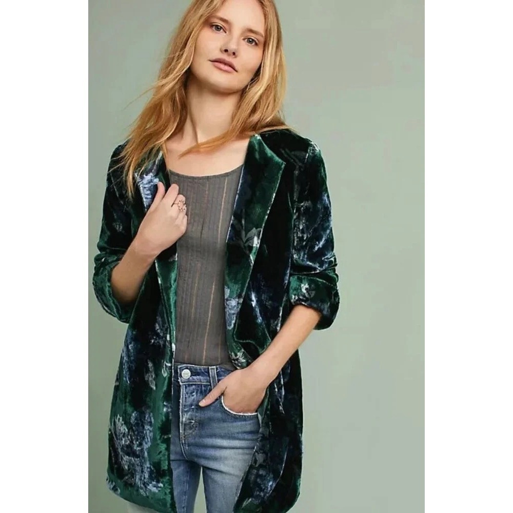 Anthropologie EVA FRANCO Floral Velvet Car Coat Open Front Green Teal Medium